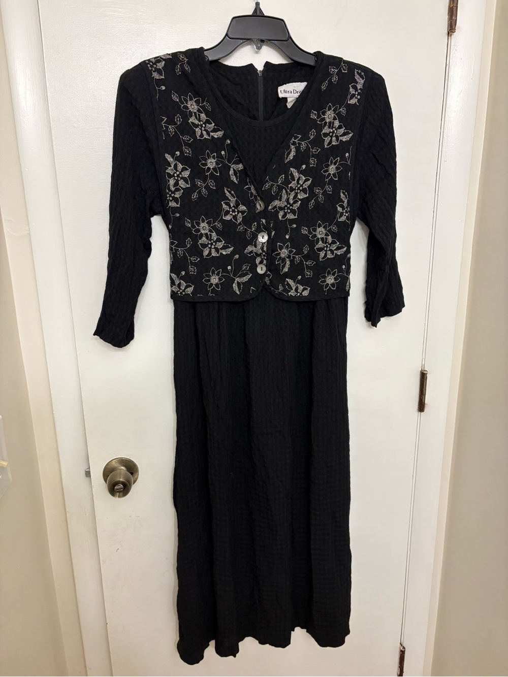 Vtg 90s Ultra Dress New York Black Floral Embroidered Vest Midi Dress Sz 14 M L